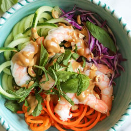 These quick and easy Spiralized Summer Roll Bowls with Hoisin Peanut Sauce made with spiralized carrots and cucumbers were inspired by my shrimp summer rolls. I wanted to take those yummy rolls (which can be a bit more time consuming) and turn them into a super-quick meal, less than 10 minutes!