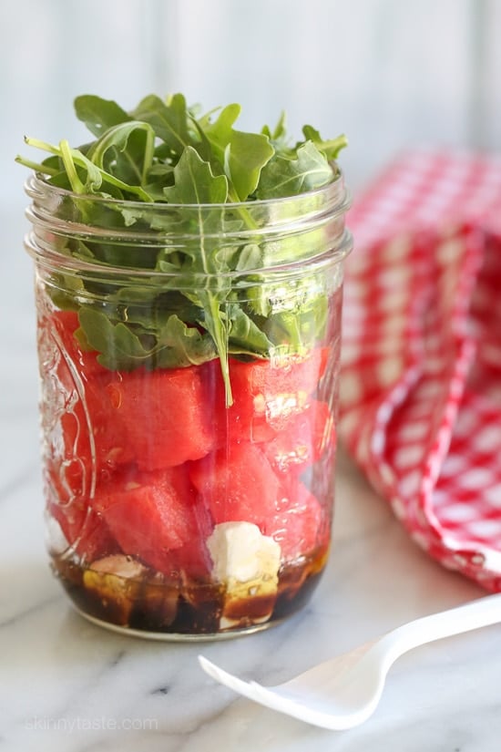 One of my favorite summer salad combinations is watermelon with feta, balsamic, red onion and arugula. It's so refreshing and light, and perfect to make in jars to take to the beach or park (I keep them chilled in cooler).