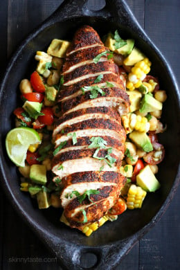  Blackened Chicken over a flavorful chickpea salad with fresh corn, tomatoes, avocado and lime juice. A quick and easy weeknight dish!