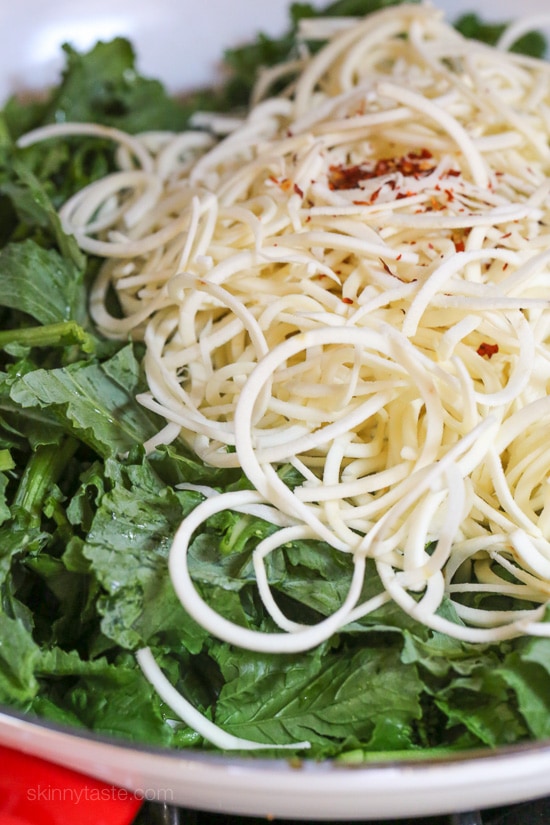 Broccoli rabe and spicy sausage are one of my favorite pasta dishes; this spiralized version made with parsnips in place of pasta for a hefty serving of veggies won't disappoint! If you don’t like the bitterness of broccoli rabe, broccolini or broccoli would also work in it’s place.