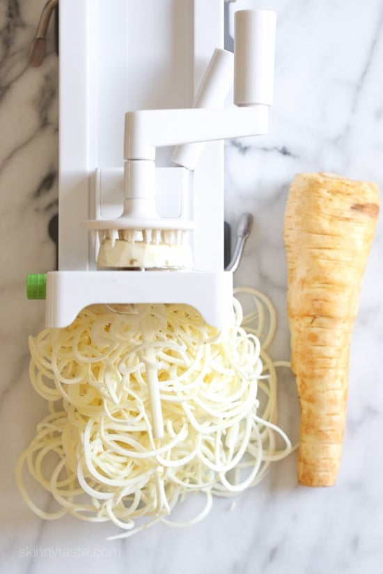 Broccoli rabe and spicy sausage are one of my favorite pasta dishes; this spiralized version made with parsnips in place of pasta for a hefty serving of veggies won't disappoint! If you don’t like the bitterness of broccoli rabe, broccolini or broccoli would also work in it’s place.