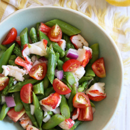 This delicious, easy salad features succulent lobster tossed with chopped asparagus and tomatoes in a light lemon dressing. To save time, I buy the lobsters steamed from my local fishmonger.