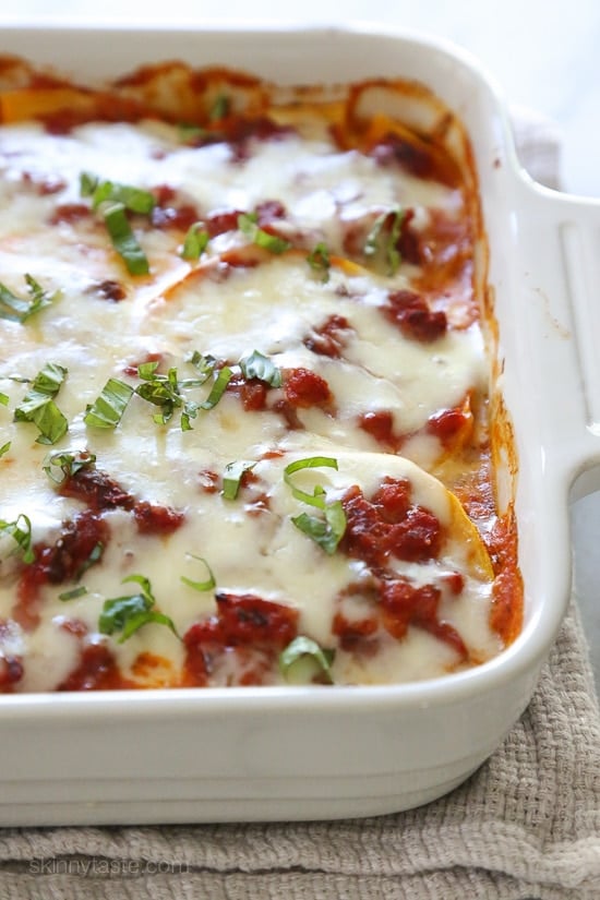 This fall lasagna swaps pasta for butternut squash layered with a chicken sausage meat sauce, ricotta, and mozzarella. Simply wonderful, you won't miss the pasta!