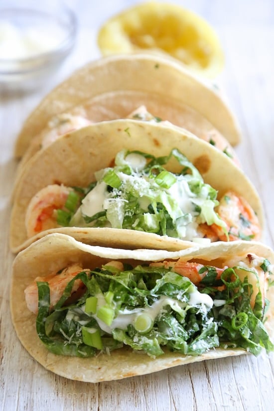 Shrimp Scampi Tacos with Caesar Salad Slaw Shrimp Scampi Tacos with Caesar Salad Slaw, a unique twist on a shrimp taco and ready in under 30 minutes!