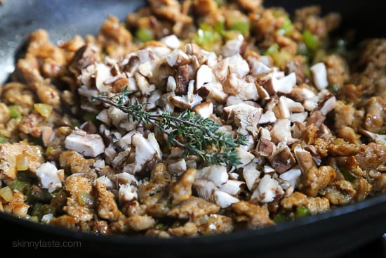 Delicata is very versatile, but one of my favorite ways to eat is stuffed with this savory sausage stuffing made with celery, onion and mushrooms – a wonderful contrast to the sweet flavor of the squash.
