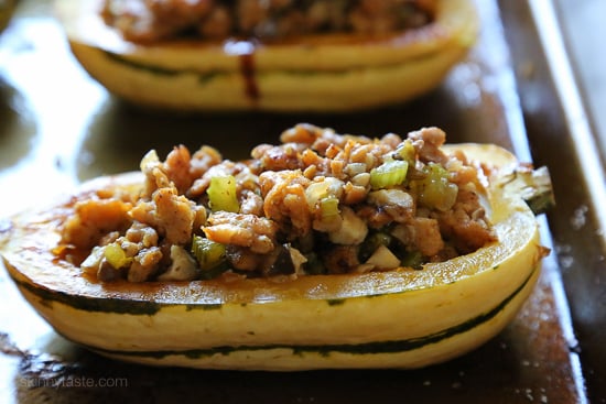 Delicata is very versatile, but one of my favorite ways to eat is stuffed with this savory sausage stuffing made with celery, onion and mushrooms – a wonderful contrast to the sweet flavor of the squash.