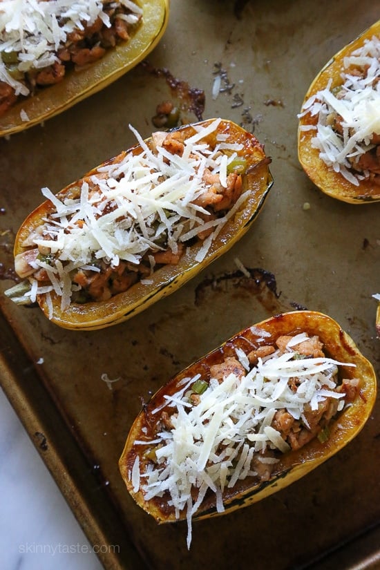 Delicata is very versatile, but one of my favorite ways to eat is stuffed with this savory sausage stuffing made with celery, onion and mushrooms – a wonderful contrast to the sweet flavor of the squash.