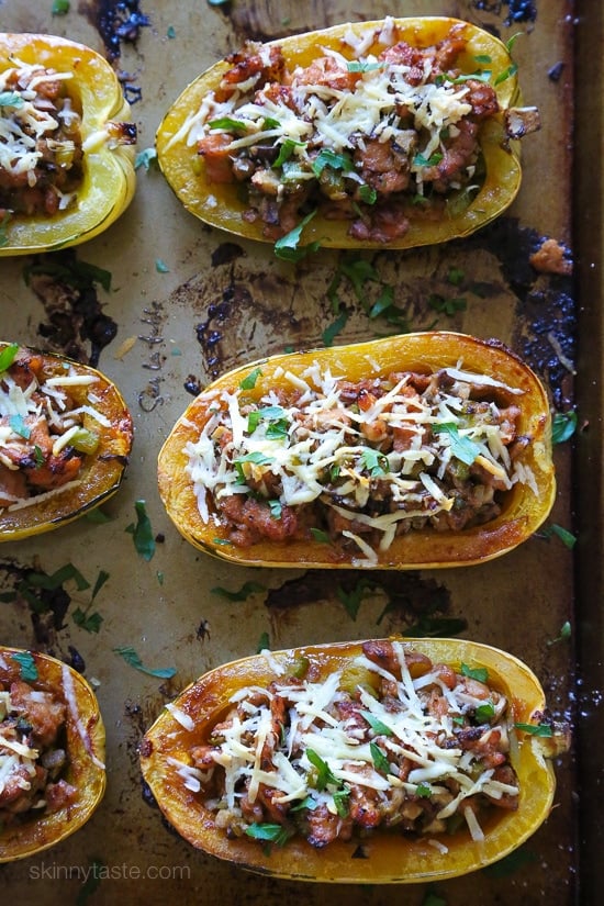 Delicata is very versatile, but one of my favorite ways to eat is stuffed with this savory sausage stuffing made with celery, onion and mushrooms – a wonderful contrast to the sweet flavor of the squash.