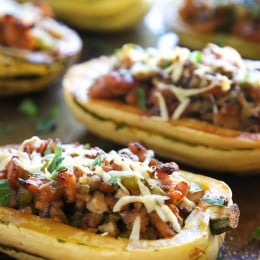 Delicata is very versatile, one of my favorite ways to eat it is stuffed with a savory sausage stuffing made with celery, onion and mushrooms – a wonderful contrast to the sweet flavor of the squash.