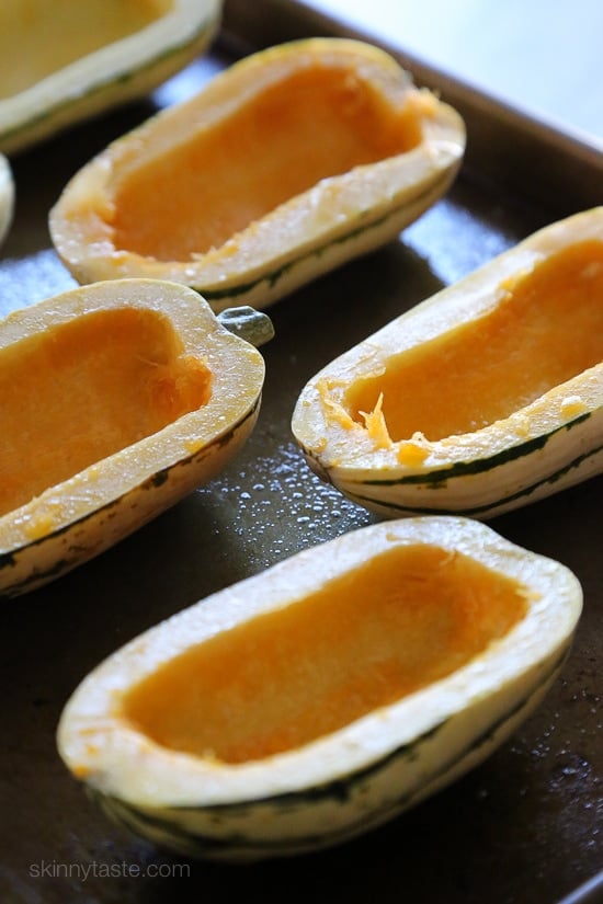 Delicata is very versatile, but one of my favorite ways to eat is stuffed with this savory sausage stuffing made with celery, onion and mushrooms – a wonderful contrast to the sweet flavor of the squash.