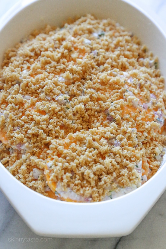 Gratin's are usually loaded with butter and cream, this lightened version is healthier and flavorful, you won't miss all the cream! A perfect side dish for Turkey or Roasted Chicken.