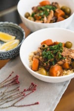 Chicken, prunes, olives, carrots, onions, garlic and ginger are slow-cooked with Moroccan spices to create a flavorful and fragrant dish that you’ll want to make again and again. Serve it over whole-wheat couscous (or cauliflower rice for a low-carb option) with lemon wedges, fresh cilantro, or some chopped pistachios or almonds for a complete meal.