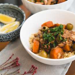 Chicken, prunes, olives, carrots, onions, garlic and ginger are slow-cooked with Moroccan spices to create a flavorful and fragrant dish that you’ll want to make again and again. Serve it over whole-wheat couscous (or cauliflower rice for a low-carb option) with lemon wedges, fresh cilantro, or some chopped pistachios or almonds for a complete meal.