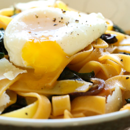 I always have eggs, pasta and some type of greens on hand; for this fettuccini dish I used Swiss chard but spinach, escarole or kale would also work.