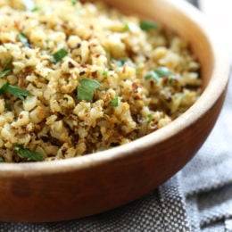 I love cauliflower "rice", and I love roasted cauliflower so I combined the two to make this easy low-carb side dish that goes great with just about anything from chicken, to steak or fish.
