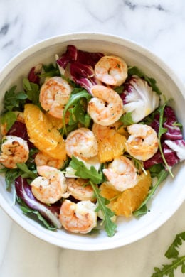Grilled Shrimp Salad with Orange, Endive, Baby Arugula and Radicchio