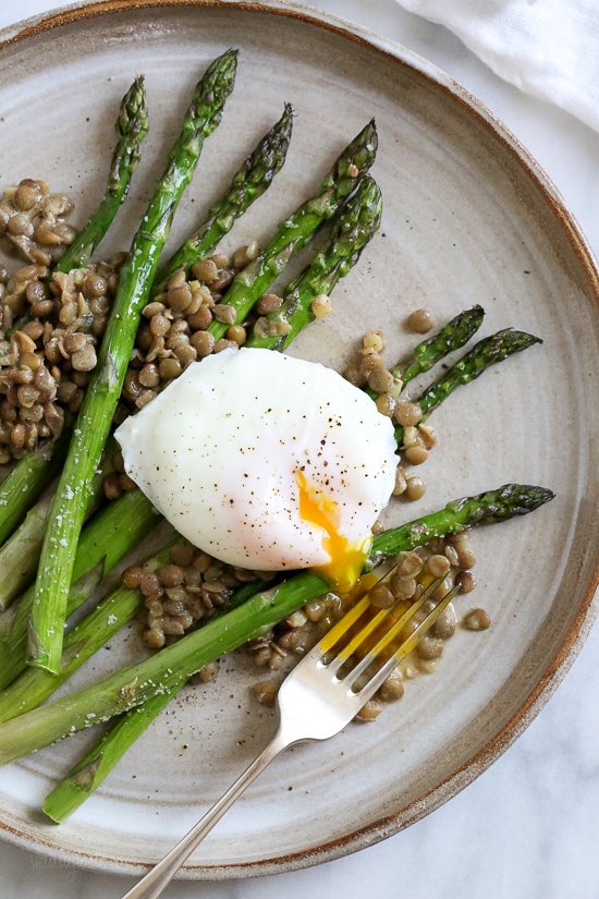 Asparagus and Green Lentils with Poached Egg