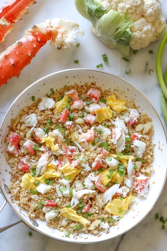 King Crab fried rice is one of my favorite dishes we often order when dining at a local Japanese restaurant. Every time I order it, I always say I'm going to try this with riced cauliflower, so finally I did and it was SO good!