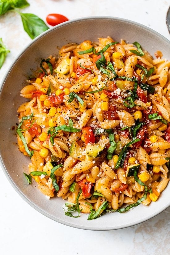 Summer Cavatelli Pasta with Corn, Tomatoes and Zucchini