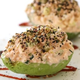 All the flavors in a Spicy California roll without the rice! These avocados are stuffed with lump crab, cucumbers and spicy mayo topped with furakike and drizzled with soy sauce. I’ve had this idea in my head all week, I wasn’t exactly sure how it would come out but I’m obsessed with them, they came out so good!