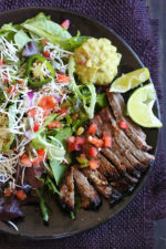 This Carne Asada steak salad is made with everything I love – juicy steak, pico de gallo, Monterey Jack cheese and guacamole.