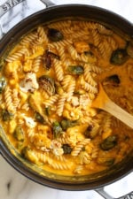 Creamy, Pumpkin Mac and Cheese with Roasted Veggies is comfort food, in a bowl! Made with pumpkin puree, roasted cauliflower and Brussels sprouts.