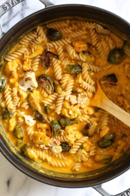 Creamy, Pumpkin Mac and Cheese with Roasted Veggies is comfort food, in a bowl! Made with pumpkin puree, roasted cauliflower and Brussels sprouts.