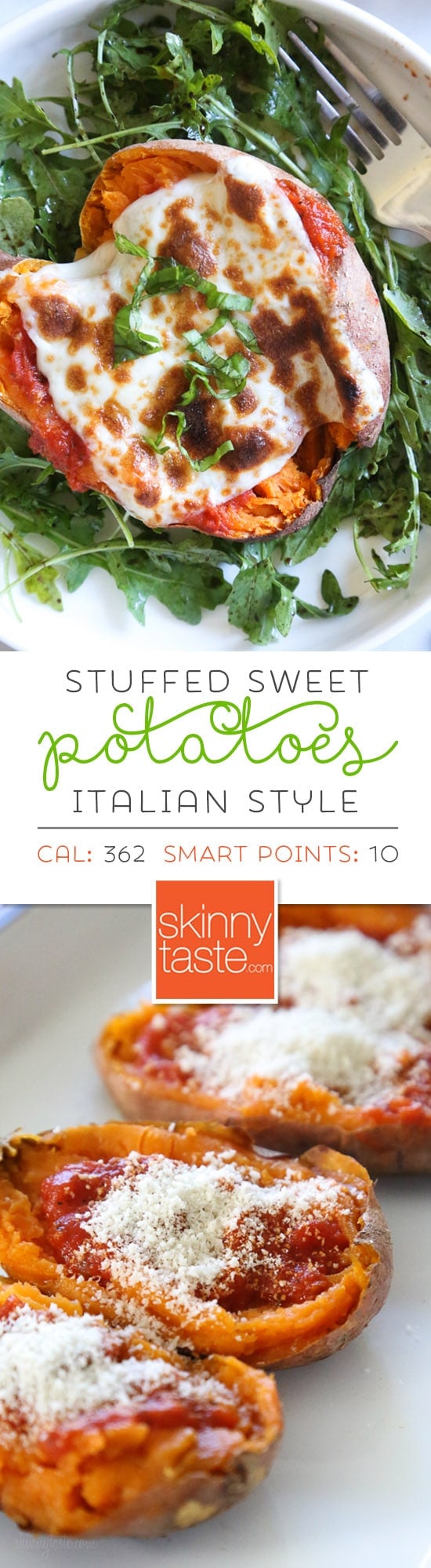 These savory stuffed sweet potatoes are topped with Italian flavors such as marinara sauce and cheese. A quick and easy healthy vegetarian dish. #sweetpotatoes #vegetarian #stuffedsweetpotatoes #glutenfree