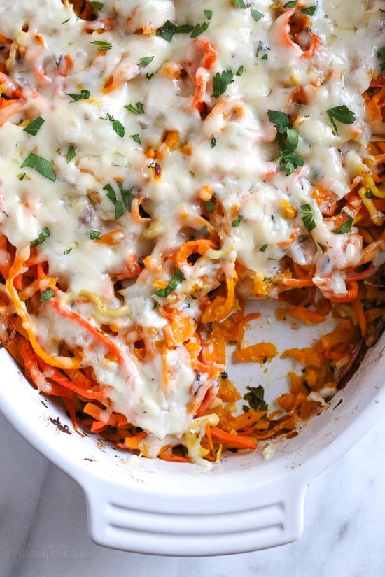Spiralized veggie gratin in a white dish.