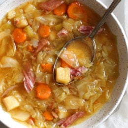 Overhead view of ham and potato soup made with leftover ham bone