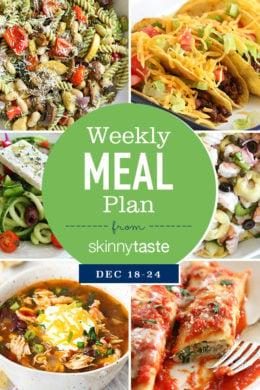 A detailed, thorough 7-day Skinnytaste meal plan that includes breakfast, lunch and dinner for the entire week, and an organized grocery list that will make grocery shopping so much easier and much less stressful.