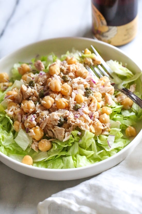 Chickpea Tuna Salad with capers is perfect for lunch! Quick and easy for meal prep! Healthy and filling, this mayo-less Tuna Salad is loaded with protein and Omega 3s and tastes even better the next day.