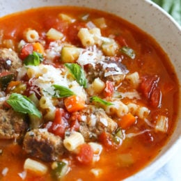This hearty soup is loaded with mini turkey meatball, zucchini, vegetables and ditalini pasta. I love to add a Parmesan cheese rind to my soup, my secret for extra flavor but it's totally optional!