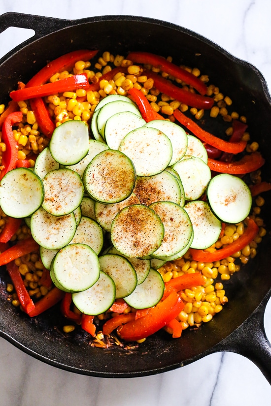 Southwest Chicken Skillet with Corn and Zucchini is the perfect veggie-loaded dinner made all in one pot!