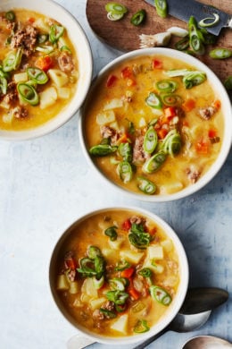 Cheeseburger Soup is a rich and cheesy bowl of comfort food made on the lighter side. It's quick and easy, loaded with turkey and potatoes in every bite!