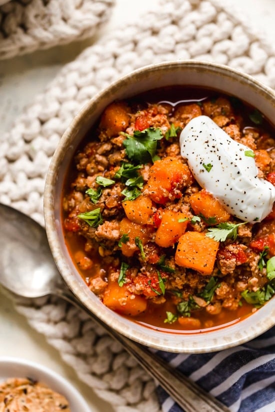 This Turkey Sweet Potato Chili is so good, you might want to double the recipe!! It's made with no beans, but you can of course add them if you wish!
