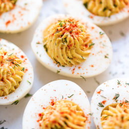 When it comes to making deviled eggs, I keep my ingredients pretty classic, but I love adding little pickle juice to my the yolks for a pop of flavor! Making hard boiled eggs in the Instant Pot will give you perfect, easier to peel eggs every time.