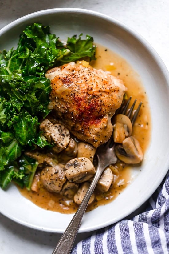 Braised Chicken Thighs with Mushrooms and Leeks is the perfect cold weather comfort food. 