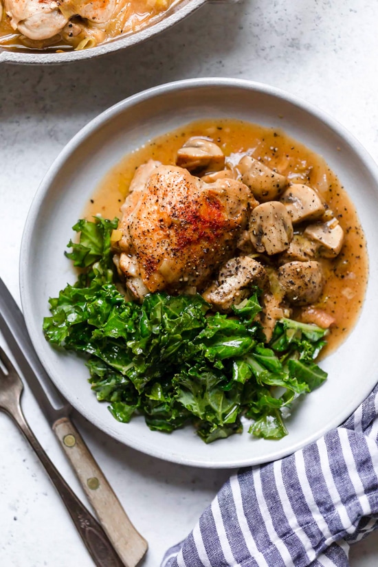 Braised Chicken Thighs with Mushrooms and Leeks is the perfect cold weather comfort food.