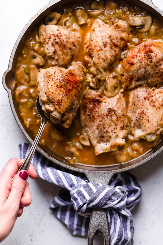 Braised Chicken Thighs with Mushrooms and Leeks is the perfect cold weather comfort food.