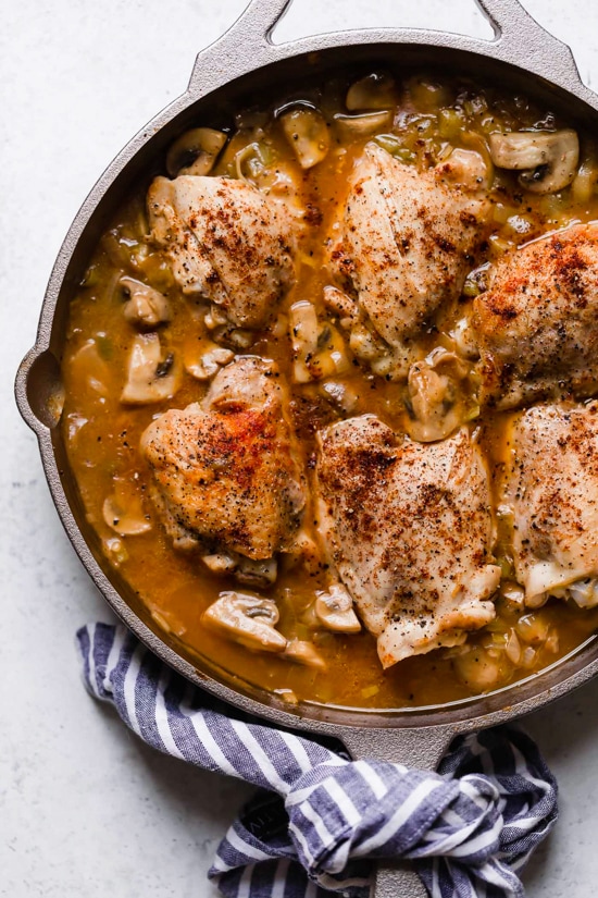 Braised Chicken Thighs with Mushrooms and Leeks is the perfect cold weather comfort food.
