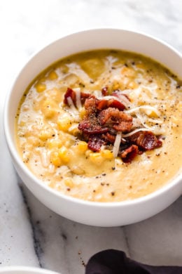 This thick and cheesy chowder with potatoes, corn, cauliflower, and bacon is perfect for cold and cozy winter nights.