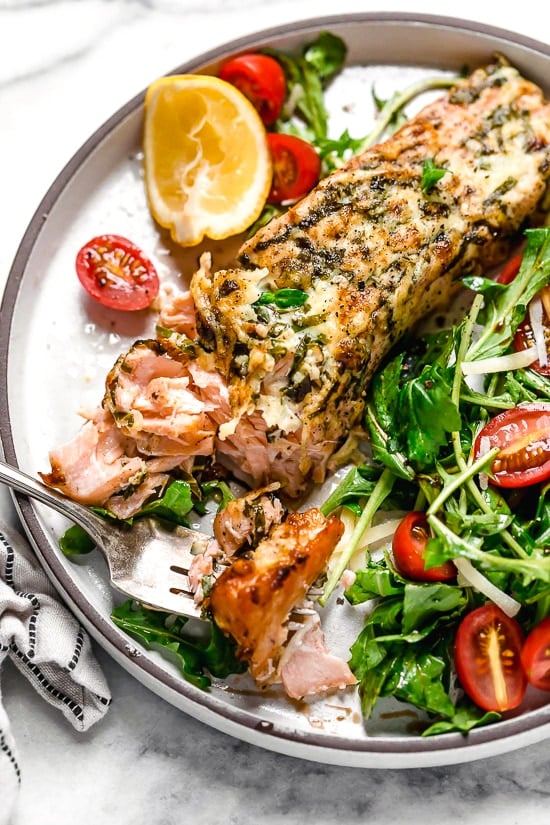 I'm obsessed with this Basil-Parmesan Crusted Salmon recipe! I make this in the air fryer, it's quick and easy, and the fish comes out so juicy inside.