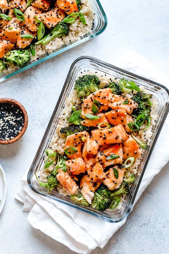This easy meal-prep honey-sriracha chicken dish, which can also be served as a main dish, is made on a sheet pan and comes together quick!