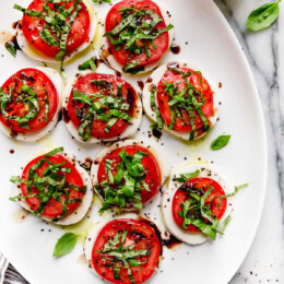 Overhead view of Italian Caprese salad on platter