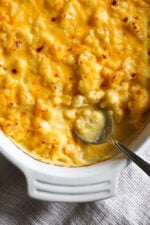 Overhead view of a baking dish of cauliflower mac and cheese.