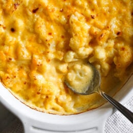 Overhead view of a baking dish of cauliflower mac and cheese.