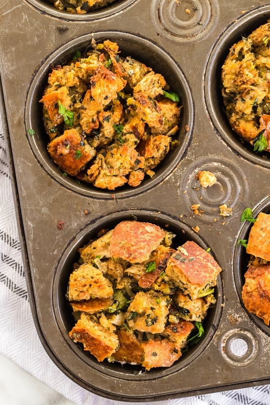 Stuffing Muffins aka stuff'in are baked in a muffin tin for easy portion control! This classic stuffing recipe is made even more delicious with Pancetta! Stuffing Muffins aka stuff'in are baked in a muffin tin for easy portion control! This classic stuffing recipe is made even more delicious with Pancetta!