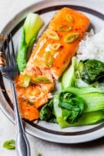 Sweet and Spicy Baked Salmon with rice and bok choy.