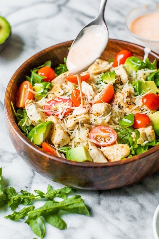 Chicken Brown Rice Bowl with sriracha yogurt sauce